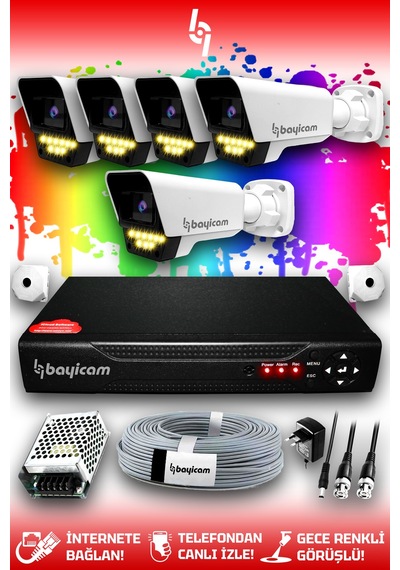Bayicam 5 Kameralı Süper 5 Dış Kamera Set HDD'siz 5 MP 2K Renkli Gece Görüşlü Güvenlik Kamerası Sistemi