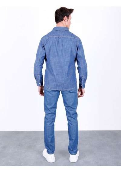 Erkek Açık Mavi Likralı Denim Regular Kalıp Düğmeli Kot Gömlek John-3020 Açik Mavi