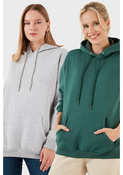 Lela Regular Fit Pamuklu Kapüşonlu Yaka Şardonlu Kışlık 2'Li Paket Bayan Sweat 5863854S2 Gri Melanj-Nefti