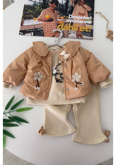Minigimin Cicileri Çiçek Aplikeli Montlu Tavşan Baskılı Kız Bebek 3 Lü Takım - Camel