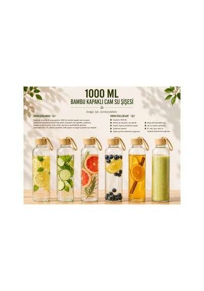 1000 Ml Bambu Kapaklı Cam Su Şişesi Taşıma Askılı Şık Ve Dayanıklı Cam Matara
