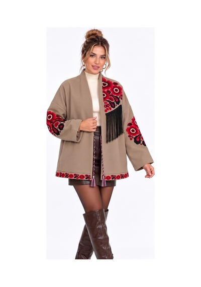 Saade Camel Etnik Çiçek Nakışlı Püsküllü Kimono Ceket