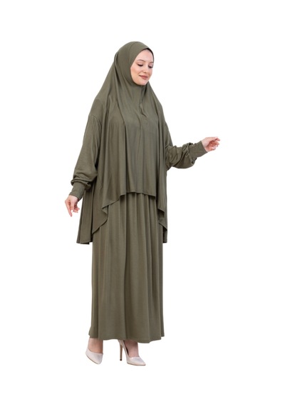 Modish Group İki Parça Namaz Elbisesi Uzun Pamuklu Tesettür Giyim Abaya & Başörtüsü Set Haki