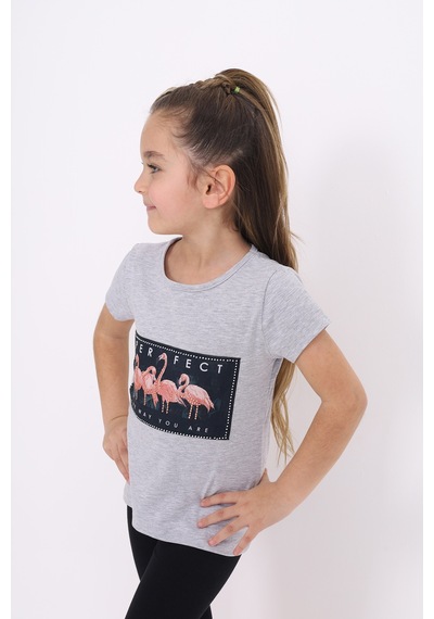 Toontoy Kids Toontoy Kız Çocuk Flamingo Baskılı Tişört Gri Melanj