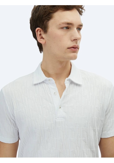Kip Beyaz Desenli Polo Yaka %100 Pamuk T-shirt Beyaz