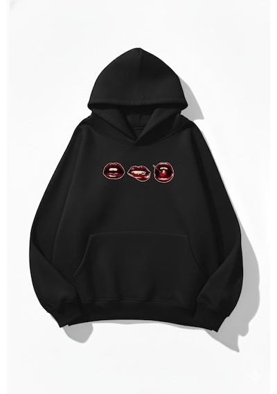 Uyguntarz Unisex Yumuşak Dokulu 3'lü Dudak Baskılı Tasarım Oversize 3 İplik Hoodie Sweatshirt siyah