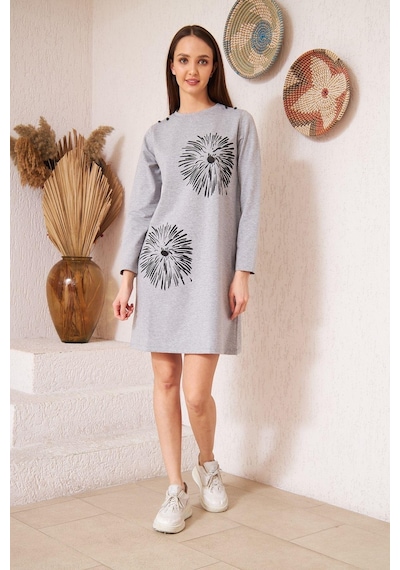 Darlin Moda Gri Melanj Baskılı Düğme Detaylı Tunik DM60346 Gri