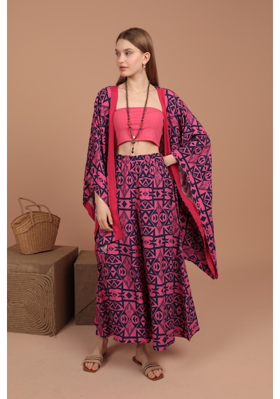 Chıcnhappy Empirme Viskon Kumaş Kadın Kimono Takım 24vl9330133 Fuşya