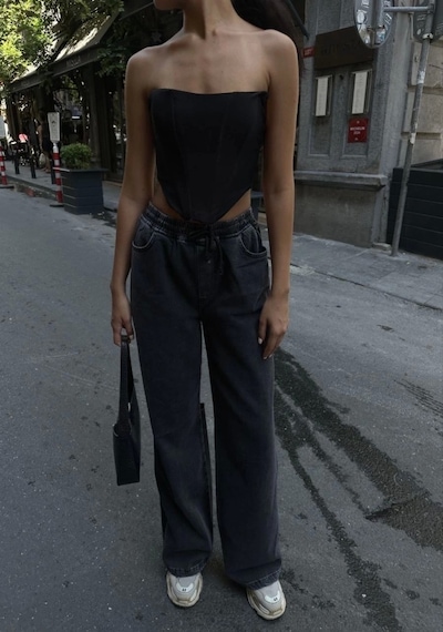 Defymoda Arkadan Yırtmaçlı Jeans Kot Palazzo Pantolon - Siyah Siyah