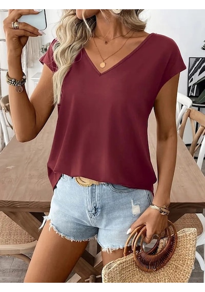 Etiler Collection Kadın Kısa Kollu V Yakalı Arkadan Kurdele Detaylı Viskon Bluz Bordo