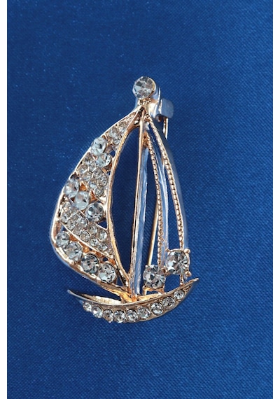 Özgürlüğün Rotası Yelkenli Broş Kristal Taşlı Gold Renkli Unisex Erkek Kadın Yaka İğnesi Gemi Çok renkli