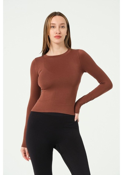 Yuvarlak Yaka Uzun Kollu Seamless Crop-1 Altın - Beyaz