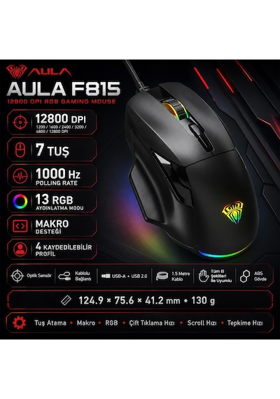 Aula F815 Rainbow 7 Tuşlu Makro Optik Oyuncu Mouse