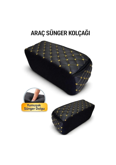 Lüks Oto Kolçak Kol Dayama Koltuk Arası Organizer Cepli Vidasız Montaj Siyah Deri Sarı Dikiş