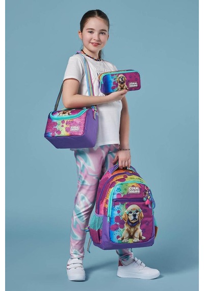 Coral High Kids Mor Pembe Köpek Desenli 3 Lü Okul Çanta Seti Set0123649 Çok Renkli