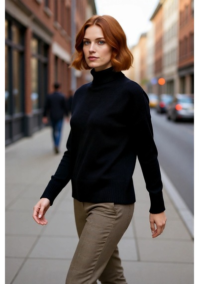 Ersefa Kadın Basic Oversize Dik Yaka Triko Kazak Düşük Kol Uzun Boy Kışl Siyah