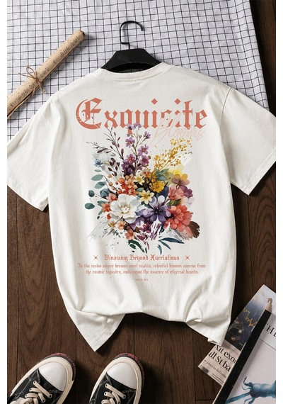 Spoyi Exquisite Bloom Tasarımlı %100 Pamuk Yarım Oversize Beyaz T-lhirt