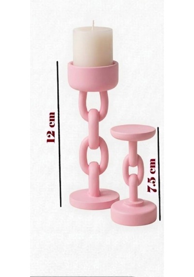Dekoratif Ağaç Takı Standı Ve Zincir Tasarım 2'li Şamdan Seti - Modern Takı Organize Edici & Mumluk Pembe