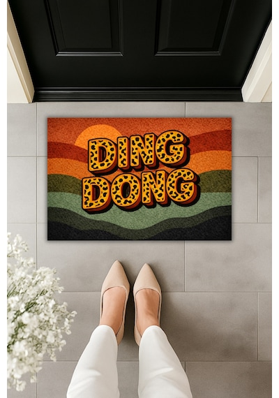 Rugmood Modern Dijital Baskı Paspas - Leopar Desenli Dıng Dong Tarçın & Orman Tonları- Kapı Önü Paspası