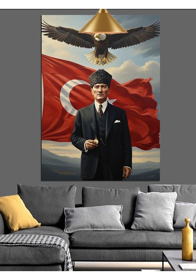 Dalgalanan Bayrak Atatürk Ve Gökteki Kartal Dekoratif Kanvas - Mdf Ahşap Tablo