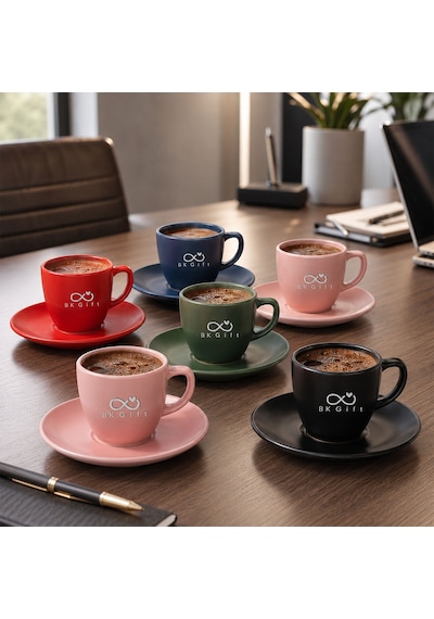Logonuza Özel 6 Kişilik Rainbow Mat Fincan Takımı - 6 Fincan 6 Tabak Kurumsal Set Siyah