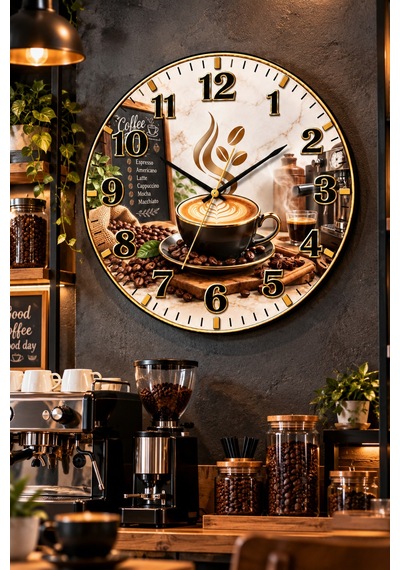 Kahve Cafe Temalı Duvar Saati 45 Cm Kahve Dükkanı Kafe Mutfak Uv Baskı Sessiz Akar Mekanizma 922 Çok Renkli