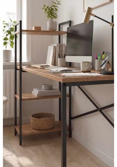 120x55 Cm Raflı Çalışma Masası Bilgisayar Masası Ofis Masası Ders Masası Cervantes Çam