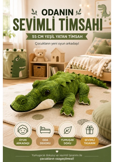 55 Cm Peluş Timsah Küçük Boy Yumuşak Oyuncak Uyku Arkadaşı Sevimli Peluş Timsah Yeşil