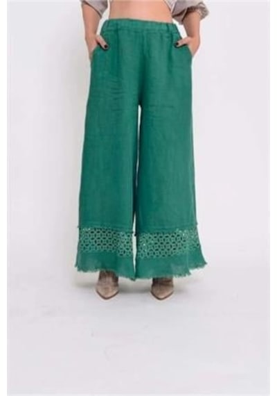 Bohem Stil İtalyan Fisto Detaylı Keten Pantolon-8748 Gucci Yeşil