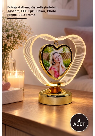 4 Adet Kişiye Özel Kalpli Led Çerçeve Fotoğraf Alanı, Kişiselleştirilebilir Tasarım, Led Işıklı Dekor, Photo Frame, Led Frame