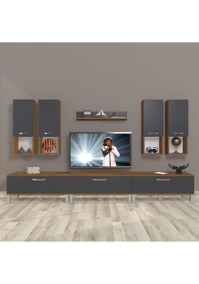 Decoraktiv Eko 8da Mdf Krom Ayaklı Tv Ünitesi Tv Sehpası Ceviz - Antrasit