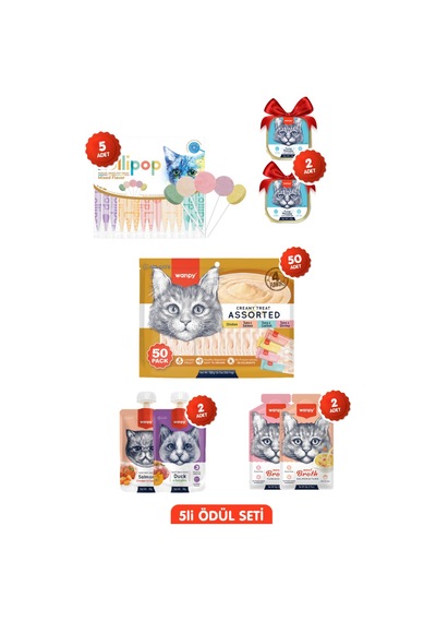 8li Kedi Ödül Seti: Ranova 15li Lolipop + 50li Kedi Ödül Kreması + 2 Ezme + 2 Kedi Çorbası + 2 Pouch