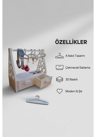 Çekmeceli Takı Organizer Standı Kolye, Küpe, Saat Ve Yüzük Düzenleyici Beyaz