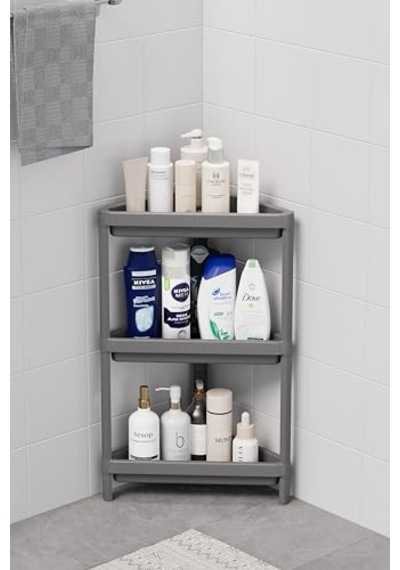 3 Katlı Üçgen Plastik Gri Banyo Mutfak Rafı Mıt1061 Diğer