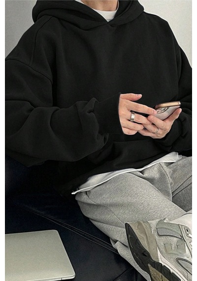 Tarz Cool Erkek Kapüşonlu Oversize Sweatshirt Siyah