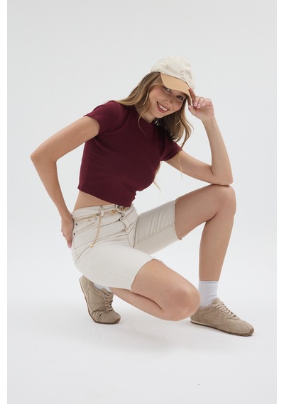 Urbantrendstore Kadın Bisiklet Yaka Likralı Kısa Kol Body Crop Bluz Günlük Şık Sade Yazlık Casual Crop Kadın Crop Bordo