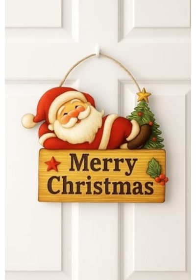 Keyifli Noel Baba Yılbaşı Ahşap Kapı Süsü Noel Kapı Süsü, Yılbaşı Süsü Yılbaşı Temalı Hediyeler 25-20 Cm