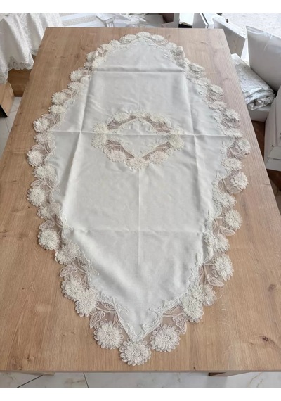 Salon Takımı Çeyizlik Krem Runner Set 5 Parça Keten Masa Örtüsü Runneri Flowers Sarı