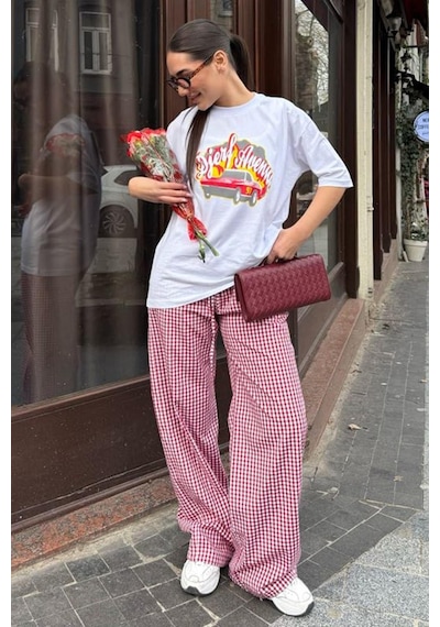 Madmext Bordo Beli Ayarlanabilir Ekoseli Bol Paça Kadın Pantolon Mg2335 Bordo