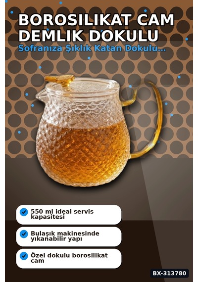 550 Ml Borosilikat Cam Demlik Isıya Dayanıklı Dokulu Gövdeli Kapaklı Detay Bx-313780 çok renkli