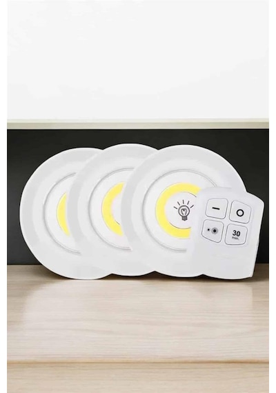 Spot Lamba Led Işık 3'lü Uzaktan Kumandalı Pilli Yapışkanlı Kablosuz Beyaz