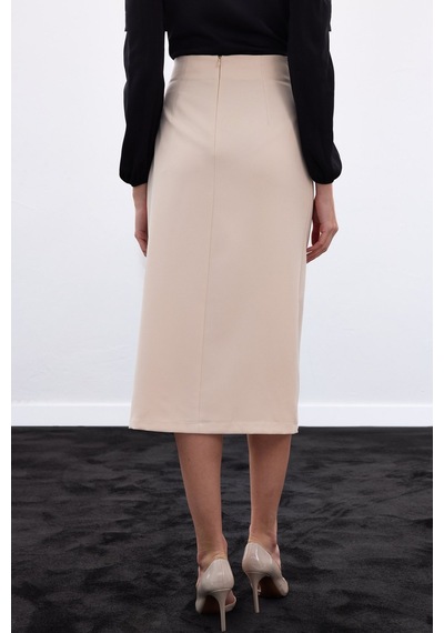 Sateen Düğme Detaylı Kalem Etek - Bej-136777 Bej