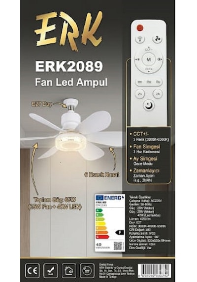 Erk E27 Duya Takılabilen Tavan Vantilatörü Kristal Ledli Kumandalı 6 Kanatlı 3 Renk Işıklı Fan 1