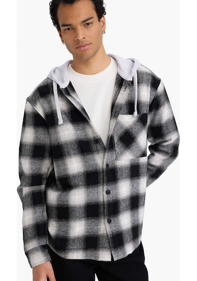 Defacto Relax Fit Kapüşonlu Flanel Uzun Kollu Gömlek G4317ax25aubk81 Siyah-bk81
