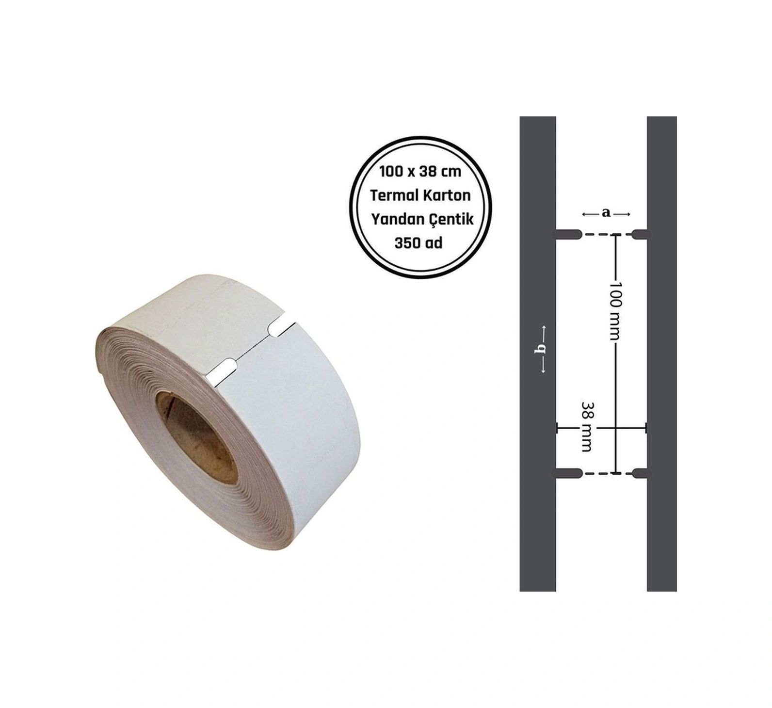 100x38 Mm Termal Barkod Etiketi "yandan Çentikli" Termal Karton Raf Etiketi 1 Rulo 350 Adet