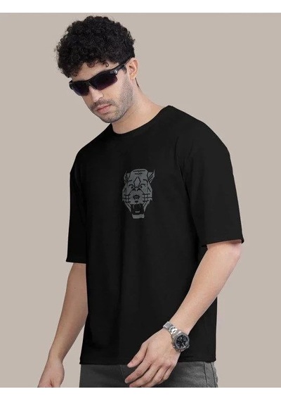 Erkek Kısa Kol Yazlık Tişört Bisiklet Yaka Aslan Baskılı T-shirt - Siyah