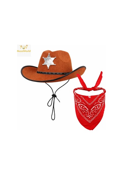 Çocuk Kovboy Şapka Rozetli Kahverengi & Kırmızı Bandana Seti