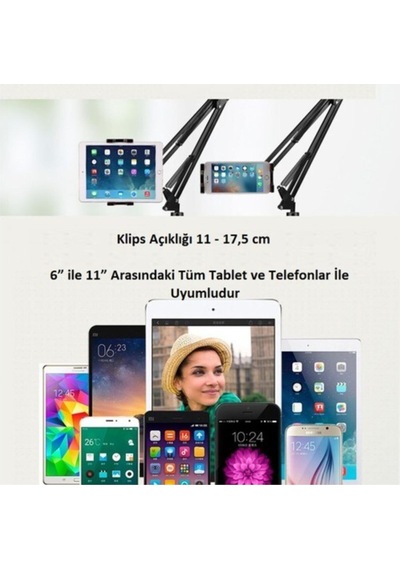 Telefon Tablet Masa Tutucu 6" 11" Esnek Uzun Kollu 360 Derece Her Şey Burada Siyah