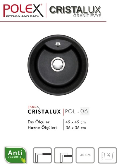 Polex Cristalüx Granit Evye P-06 Turuncu Tezgah Altı Ve Tezgah Üstü Oval Mutfak Evyesi 51.5x51.5 CM