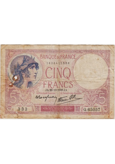 Fransa 5 Frank 1939 Alt Kenarda 1 Cm Yırtık Ve Solda Yanık Deliği Var Temiz -